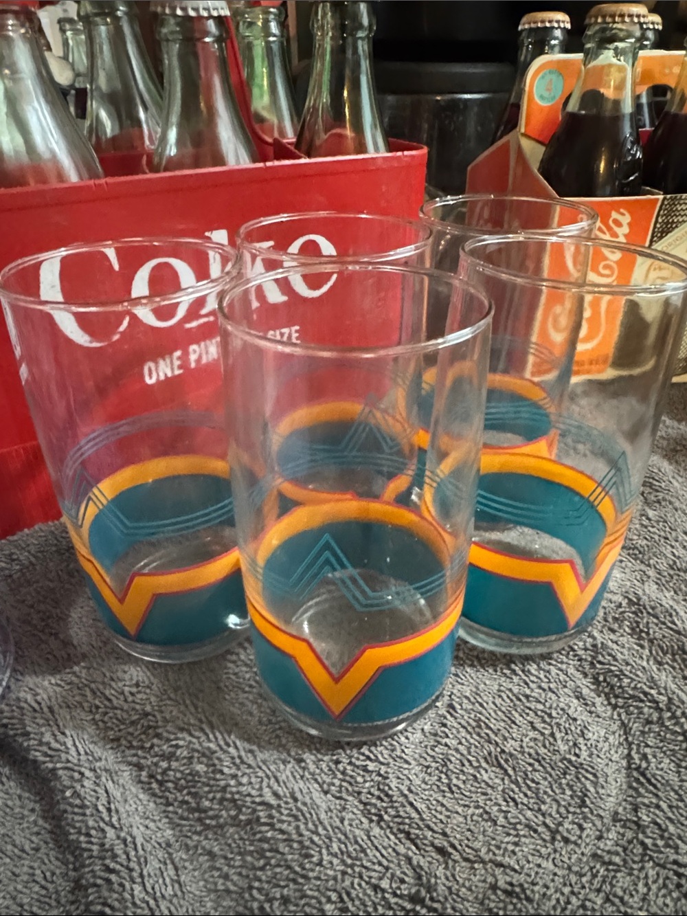 Vintage Teal and Orange Decorative Drinking Glasses - Set of 4
